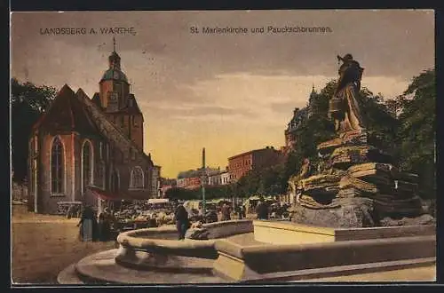 AK Landsberg a. Warthe, St. Marienkirche und Pauckschbrunnen