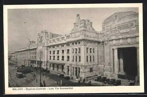 AK Milano, Stazione Centrale, Lato Via Sammartini, Bahnhof mit Strassenbahn