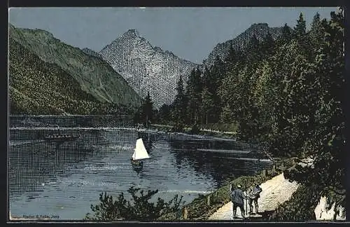 Künstler-AK Eugen Felle: Reutte, Blick auf den Plansee, Segelboot