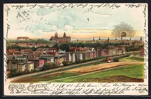 Sonnenschein-Lithographie Erfurt, Sonnenaufgang über der Stadt