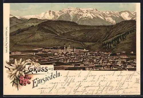 Lithographie Einsiedeln, Ortsansicht gegen die Berge