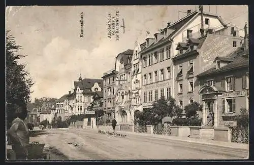 AK Schaffhausen, Bahnhofstrasse mit Restaurant Schneeberg und Alkoholfreiem Volkshaus zu Randerburg