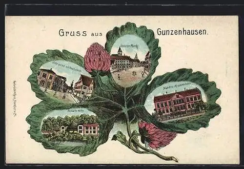 Passepartout-Lithographie Gunzenhausen, Hensolts-Höhe, Schranne mit Realschule, Unterer Markt, Distrikts-Krankenhaus