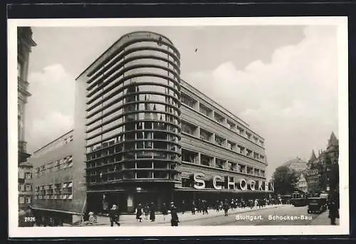 AK Stuttgart, Schocken-Bau mit Strassenpartie und Strassenbahn, Bauhaus