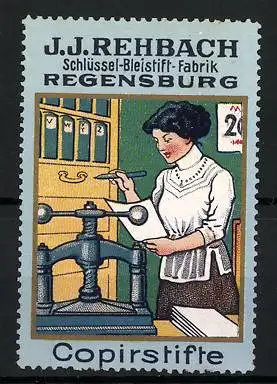 Reklamemarke Regensburg, Schlüssel-Bleistift-Fabrik J. J. Rehbach, Copirstifte, Sekretärin im Büro