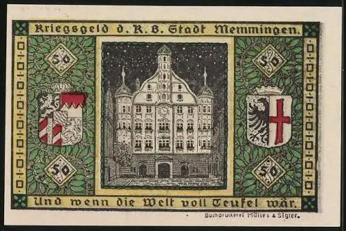 Notgeld Memmingen 1918, 50 Pfennig, Frontalansicht des Rathauses