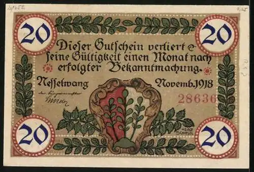 Notgeld Nesselwang 1918, 20 Pfennig, Ansicht der Kirche