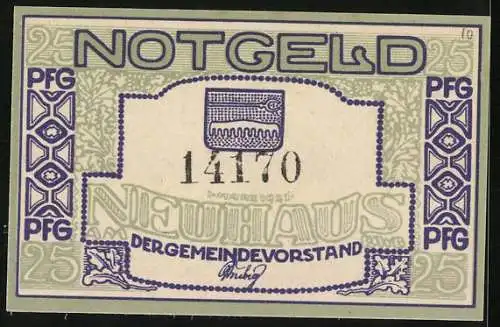 Notgeld Neuhaus a. Rwg., 25 Pfennig, Skifahrer und Wappen mit Haarnadel und Kamm