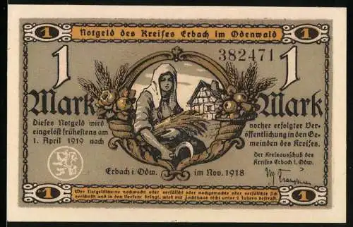 Notgeld Erbach i. Odw. 1918, 1 Mark, Bäuerin mit Getreide, Wassermühle