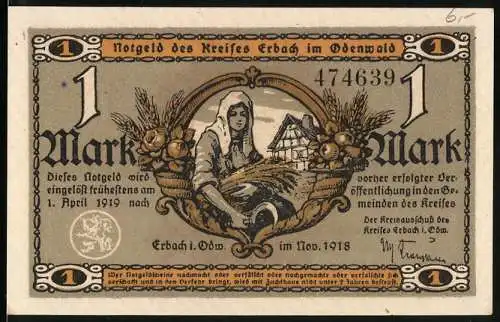 Notgeld Erbach i. Odw. 1918, 1 Mark, Wassermühle, Bäuerin mit Getreide