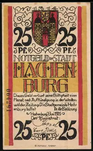 Notgeld Hachenburg 1921, 25 Pfennig, Stadtwappen, Marktbrunnen