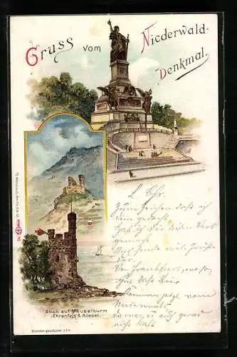 Lithographie Rüdesheim, Niederwald-Denkmal, Mäusethurm, Ehrenfels & Rössel