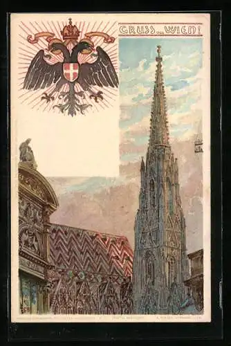 Lithographie Wien, Teilansicht vom Stephansdom