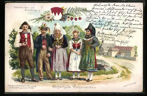 Lithographie 2 Männer und 3 Frauen in bayrischer Volkstracht vorm Kloster Kreuzburg