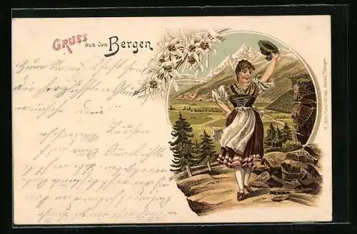 Lithographie Bergen, Junge Frau in lokaler Tracht