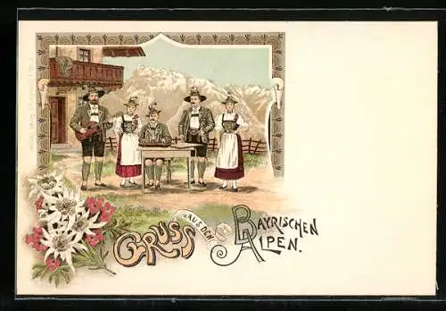 Lithographie Musiker in Tracht an einer Berghütte in den Bayrischen Alpen