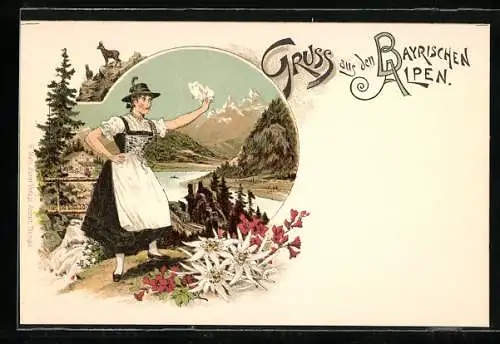 Lithographie Frau in bayrischer Volkstracht grüsst die Berge