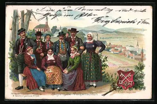 Lithographie 5 Männer und 4 Frauen in bayrischer Volkstracht aus Regensburg