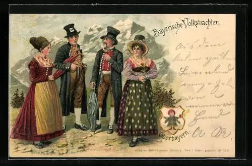 Lithographie Bayerische Tracht, Gruppenbild mit Münchner Kindl