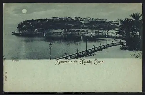 Mondschein-AK Monte Carlo, Blick über das Wasser auf den Ort