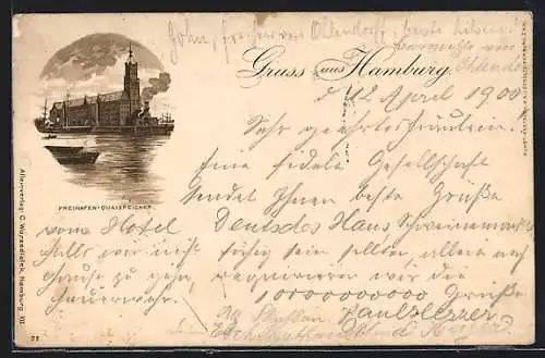 Lithographie Hamburg, Der Freihafen-Quaispeicher