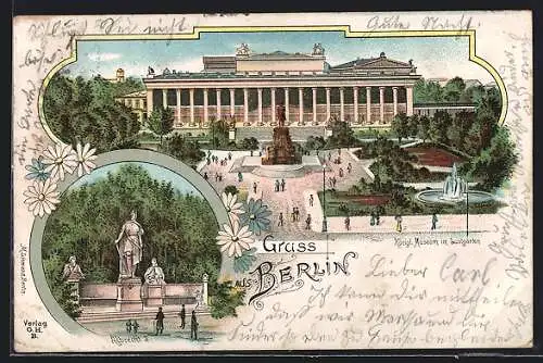 Lithographie Berlin, Denkmal Albrecht II., Königliches Museum im Lustgarten