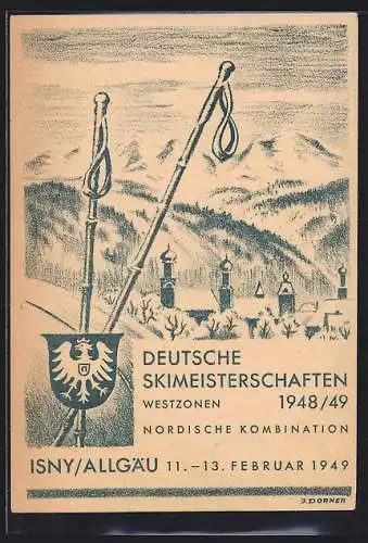 Künstler-AK Isny /Allg., Deutsche Skimeisterschaften Westzonen 1948/49, Skistöcke vor Ortsansicht, Wappen