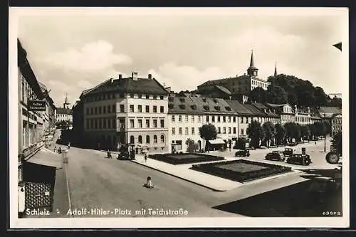 AK Schleiz, der Platz mit der Teichstrasse