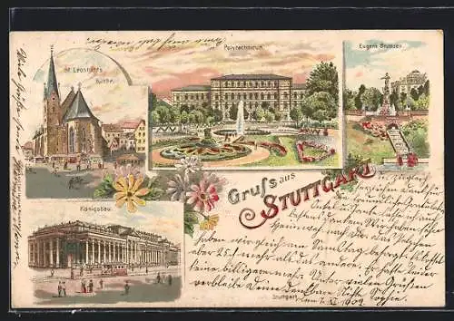 Lithographie Stuttgart, St. Leonhards Kirche, Polytechnikum, Eugens Brunnen, Königsbau