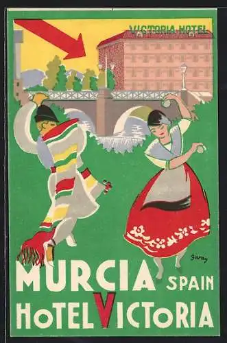 Künstler-AK Murcia, Hotel Victoria, Tanzende Spanier