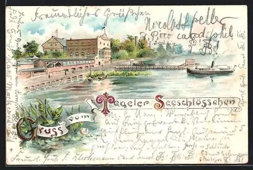 Lithographie Berlin-Tegel, Restaurant Tegeler Seeschlösschen, Dampfer am Anleger