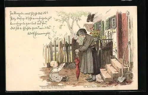 Lithographie Mössingen, alte Dame in Tracht aus dem Steinlachtal mit ihrem Enkelkind