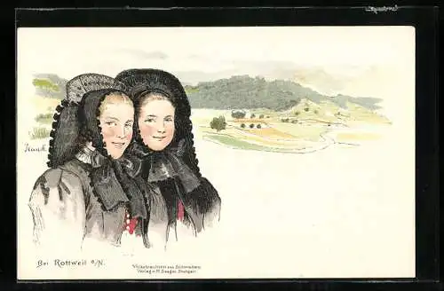 Lithographie Rottweil a. N., Frauen in schwäbischer Tracht