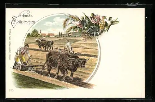 Lithographie Schwäbische Bauern in Trachten beim Pflügen auf dem Feld