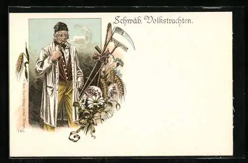 Lithographie Schwabe mit Pfeife, Rechen und Sense, schwäbische Tracht