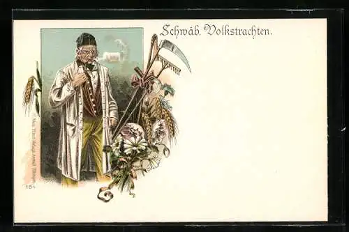 Lithographie Schwabe mit Pfeife, Rechen und Sense, schwäbische Tracht