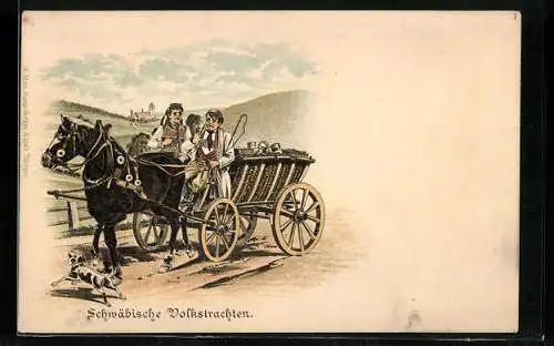 Lithographie Schwäbische Volkstrachten, Hund und Pferdekarre