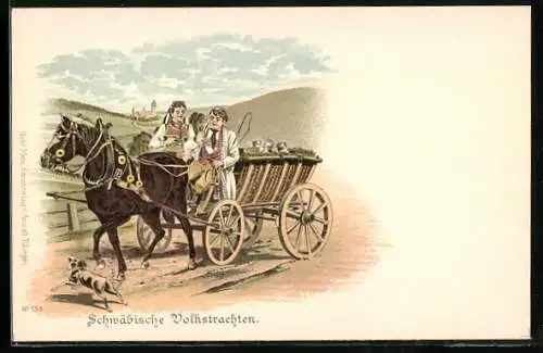 Lithographie Schwäbische Volkstrachten, Hund und Pferdekarre