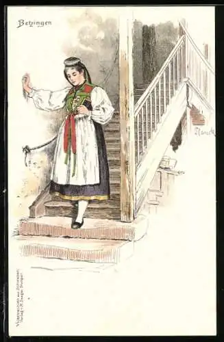 Künstler-Lithographie Betzingen, Frau in schwäbischer Tracht geht eine Treppe herab