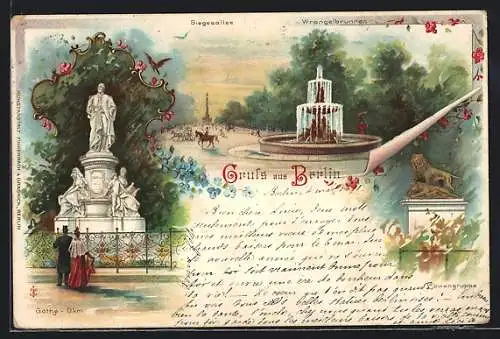 Lithographie Berlin-Tiergarten, mehrere Partien mit Siegesalle, Wrangelbrunnen, Löwengrube und Goethe-Denkmal