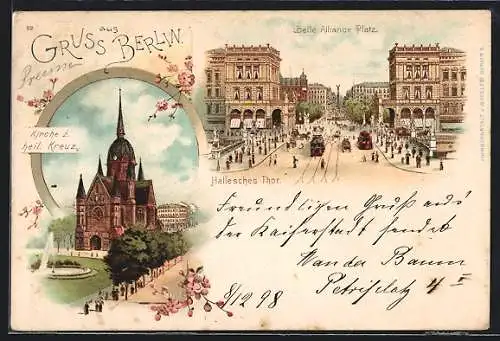 Lithographie Berlin-Kreuzberg, Belle-Alliance Platz, Kirche z. heil. Kreuz, mit Menschen und Strassenbahn