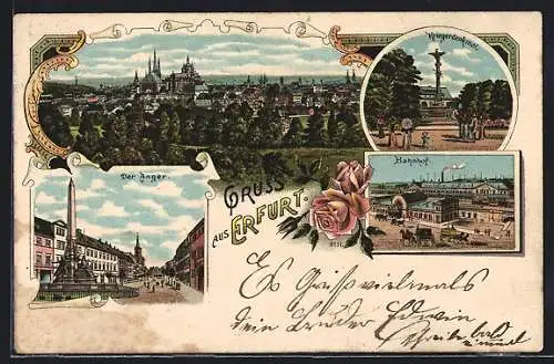 Lithographie Erfurt, Ortsansicht, Blick auf Kriegerdenkmal, Bahnhof und Anger