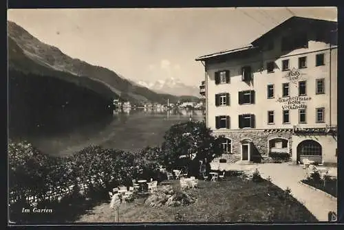 AK St. Moritz, Hotel & Volksheim Bellaval, im Garten