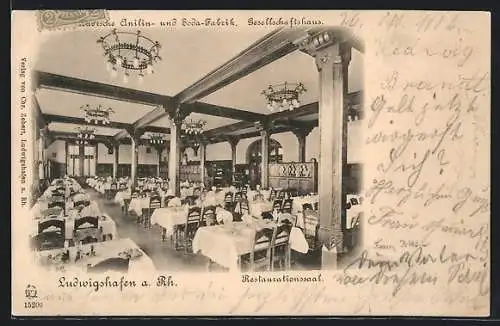 AK Ludwigshafen / Rhein, Badische Anilin- und Soda-Fabrik, Gesellschaftshaus, Restaurationssaal