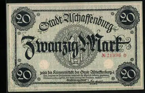 Notgeld Aschaffenburg, 20 Mark, Burgansicht, Sigel