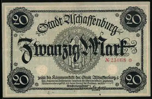 Notgeld Aschaffenburg, 20 Mark, Sigel, Blick zur Burg