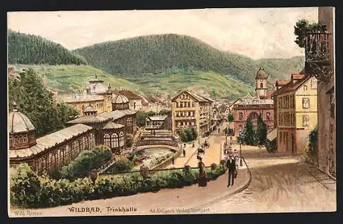 Künstler-Lithographie Wildbad / Schwarzwald, Ortspartie an der Trinkhalle mit Flusslauf