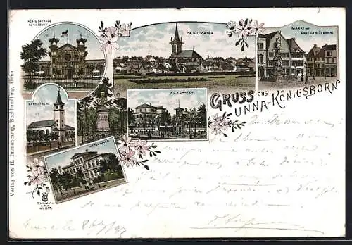 Lithographie Unna-Königsborn, Panorama, Kurgarten, Hotel Adler