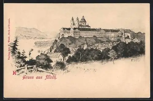 Lithographie Melk, Blick zum Stift