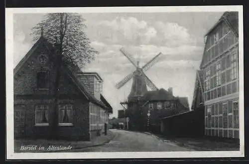 AK Borstel im Altenlande, Strassenpartie mit Windmühle